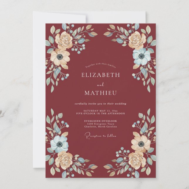 Invitación Boda de peonía azul Marsala (Anverso)