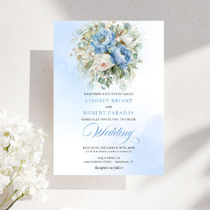 Invitación Boda de peonía azul pastel rústica atemporal en or