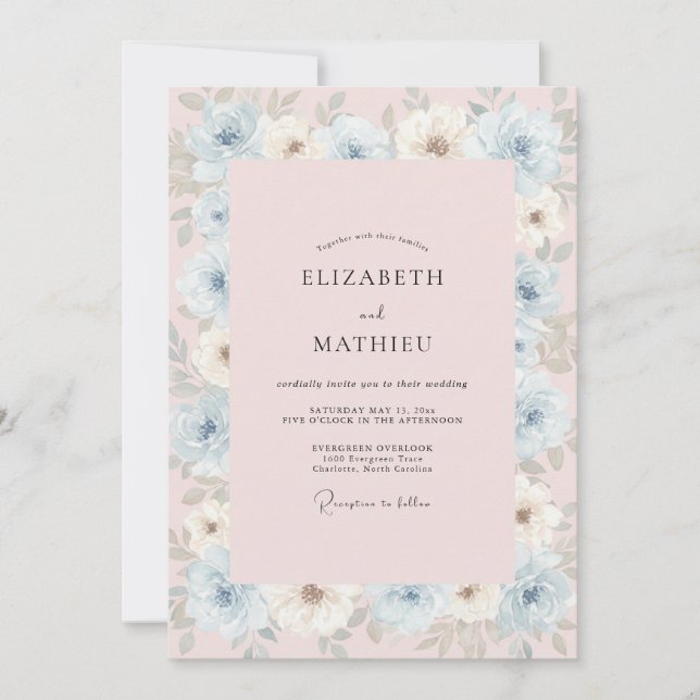 Invitación Boda de Peonía Azul Polvo (Anverso)