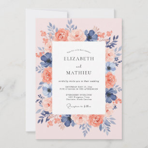 Invitación Boda de peonía azul polvo de coral