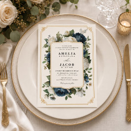 Invitación Boda de Peonía Azul Real con Marco Dorado