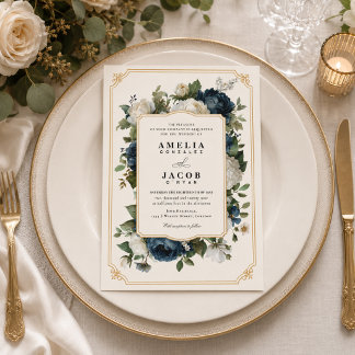 Invitación Boda de Peonía Azul Real con Marco Dorado
