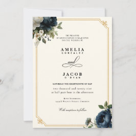 Invitación Boda de Peonía Azul Real con Marco Dorado