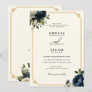 Invitación Boda de Peonía Azul Real con Marco Dorado