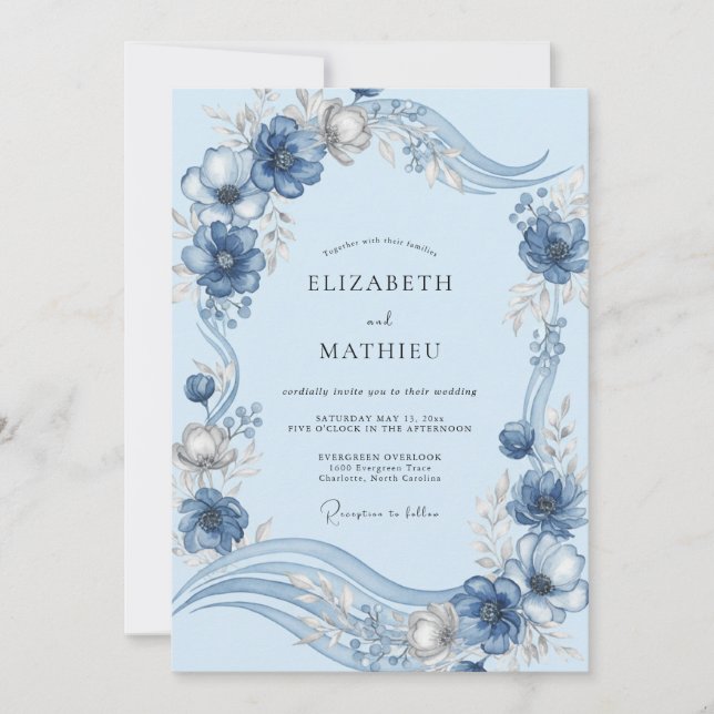 Invitación Boda de peonía azul suave en polvo (Anverso)