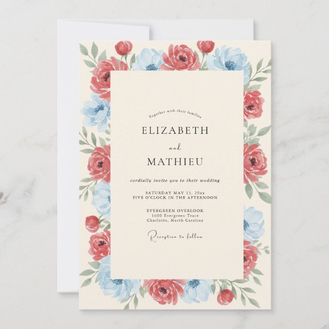 Invitación Boda de Peonía Azur Carmesí (Anverso)