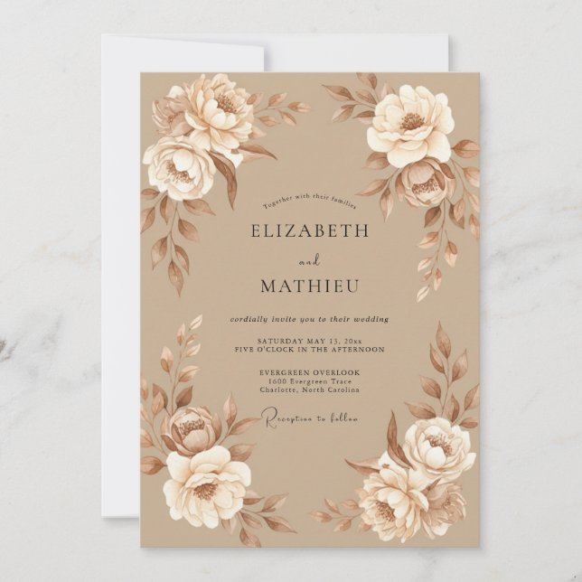 Invitación Boda de peonía beis champán (Anverso)