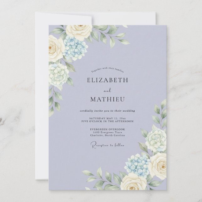 Invitación Boda de Peonía Blanca Celeste (Anverso)