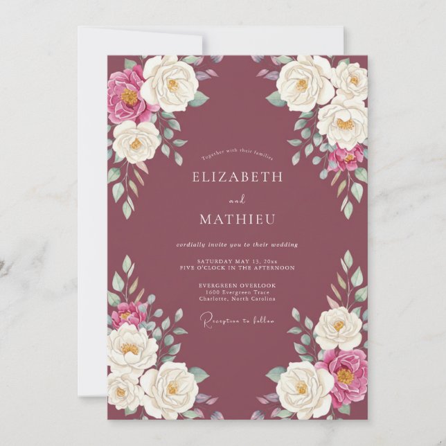 Invitación Boda de Peonía Blanca Ciruela (Anverso)