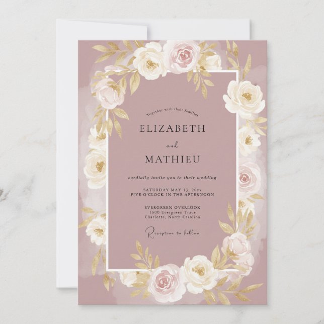Invitación Boda de peonía blanca malva polvorienta (Anverso)