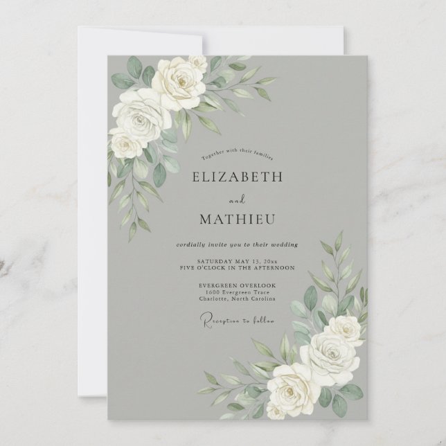 Invitación Boda de Peonía Blanca Plateada (Anverso)