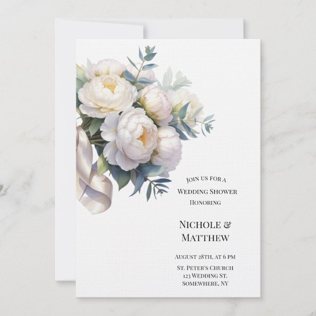 Invitación Boda de Peonía Blanca Suave con Eucalipto (Anverso)