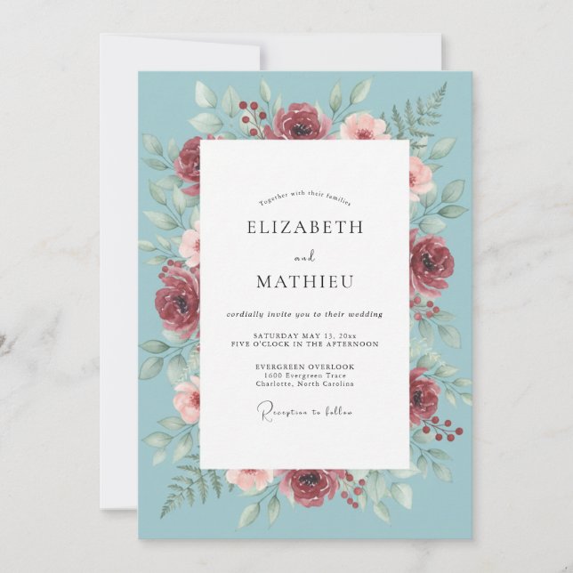 Invitación Boda de peonía borgoña celestial (Anverso)