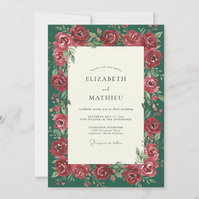 Invitación Boda de peonía borgoña esmeralda (Anverso)