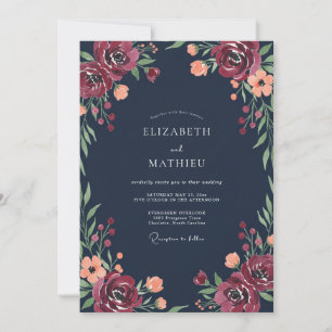 Invitación Boda de peonía borgoña naval