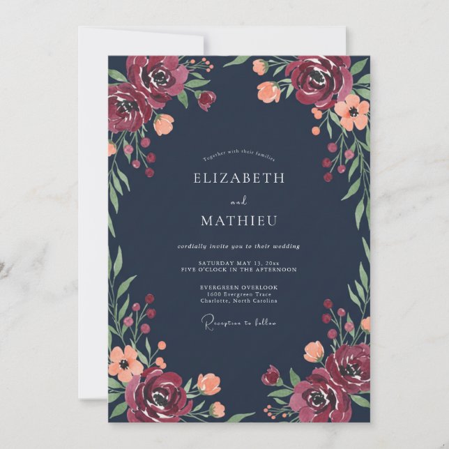 Invitación Boda de peonía borgoña naval (Anverso)