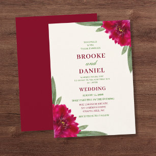 Invitación Boda de Peonía Burgundy de Hoja Estrecha