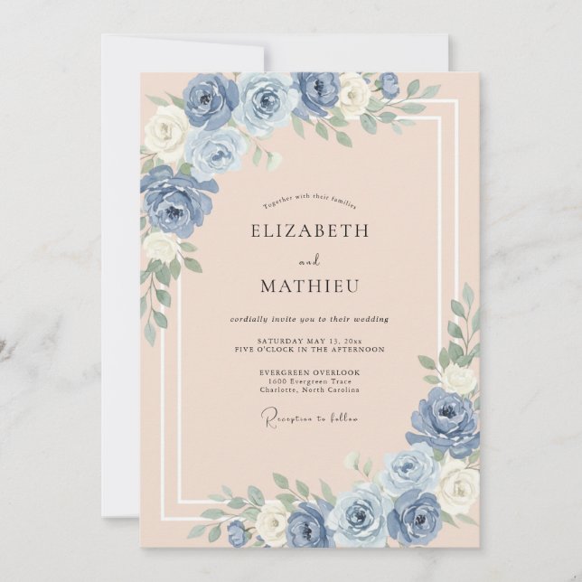 Invitación Boda de Peonía Caliente de Centaurea y Melocotón (Anverso)