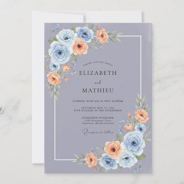 Invitación Boda de Peonía Caliente Periwinkle y Melocotón (Anverso)