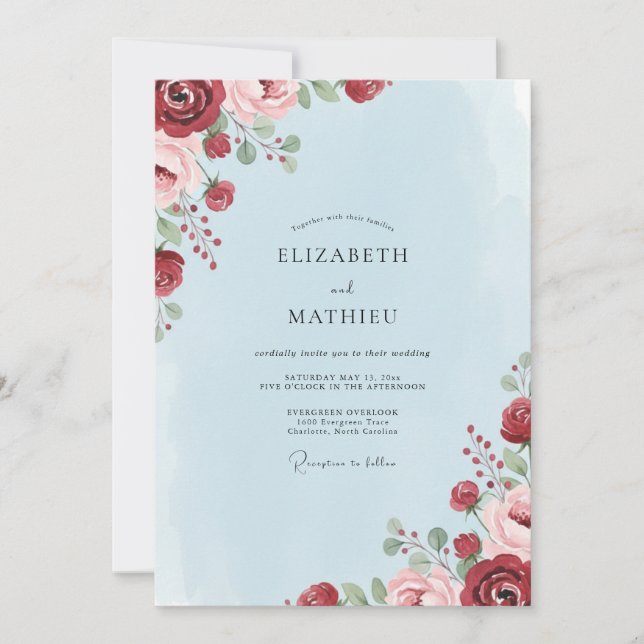 Invitación Boda de Peonía Carmesí con Azulejo de Centaurea (Anverso)