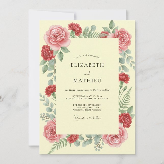 Invitación Boda de Peonía Carmesí con Mantequilla (Anverso)