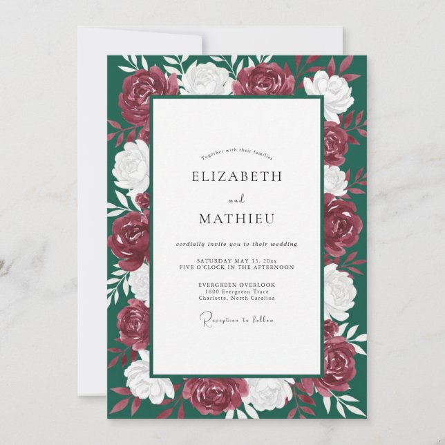 Invitación Boda de Peonía Carmesí Esmeralda (Anverso)
