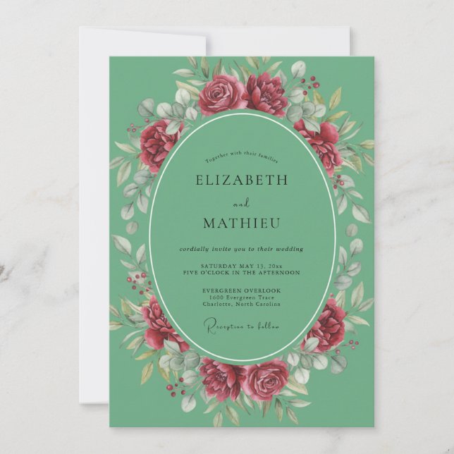 Invitación Boda de peonía carmesí menta (Anverso)