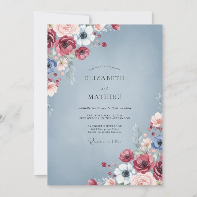 Invitación Boda de Peonía Carmesí Pizarra (Anverso)