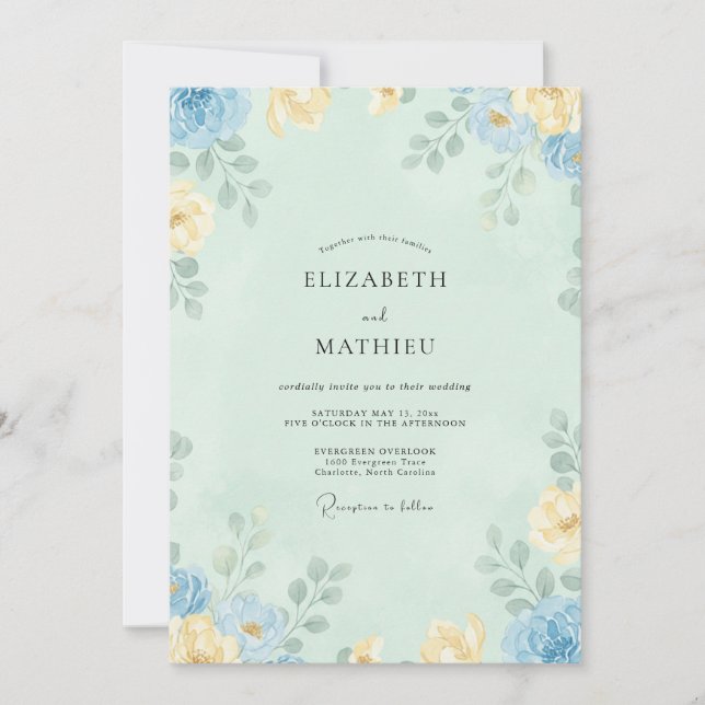 Invitación Boda de peonía celadón azul (Anverso)