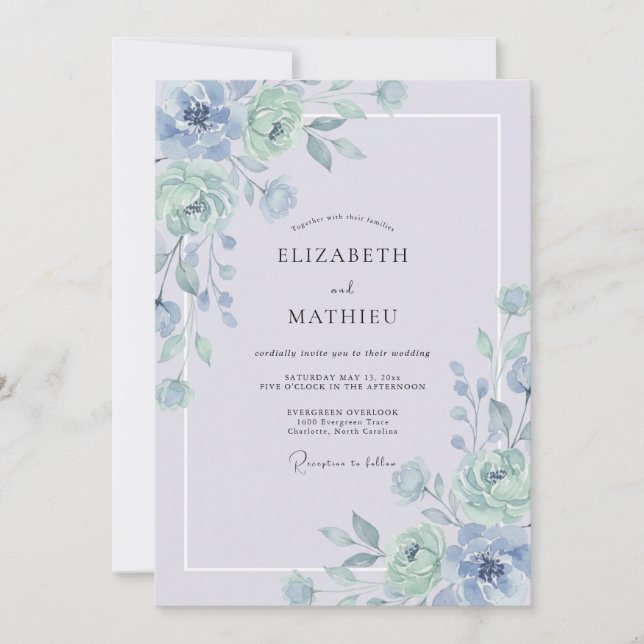 Invitación Boda de Peonía Celadón con Flor de Aciano Dorada (Anverso)