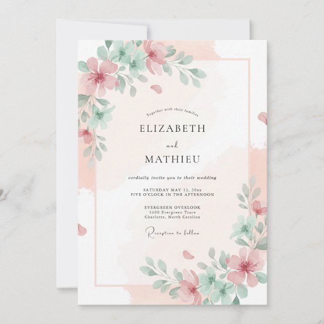 Invitación Boda de peonía celadón con rubor (Anverso)