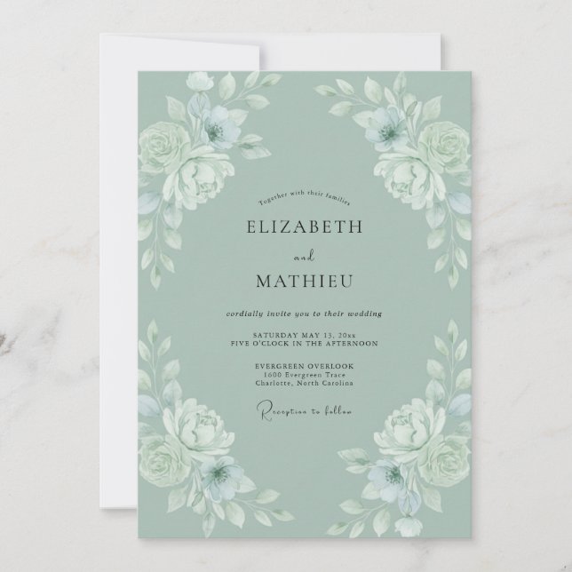 Invitación Boda de Peonía Celadón en Polvo (Anverso)