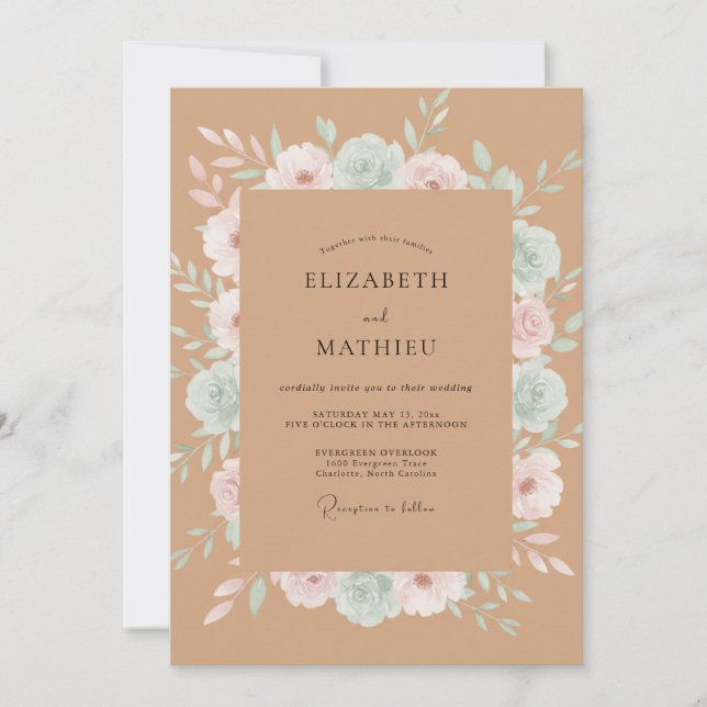 Invitación Boda de peonía celadón Kraft (Anverso)