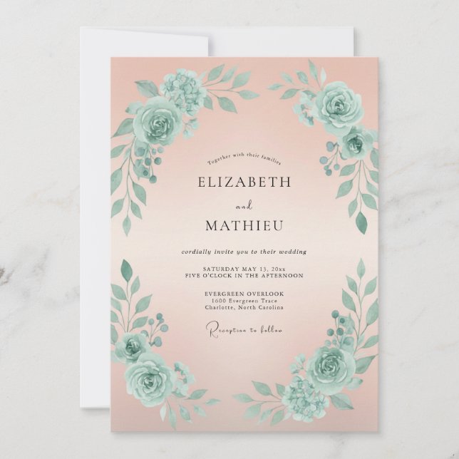Invitación Boda de Peonía Celadón Melocotón (Anverso)
