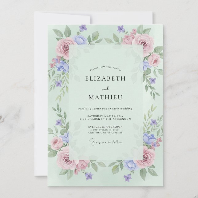 Invitación Boda de Peonía Celadón Periwinkle (Anverso)