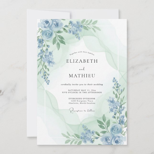 Invitación Boda de Peonía Celadón Periwinkle (Anverso)