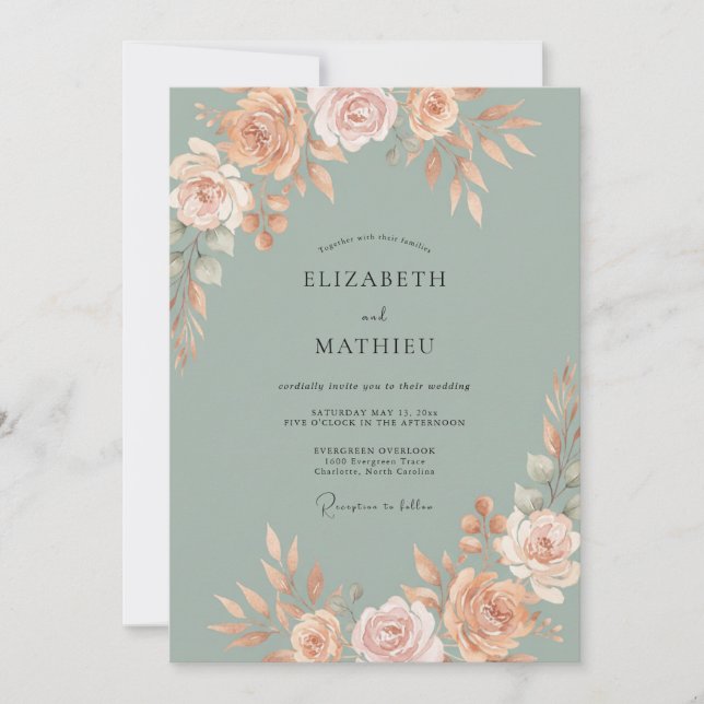 Invitación Boda de peonía celadón polvorienta (Anverso)