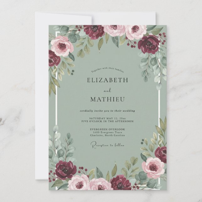 Invitación Boda de Peonía Celadón Polvorienta Granate (Anverso)