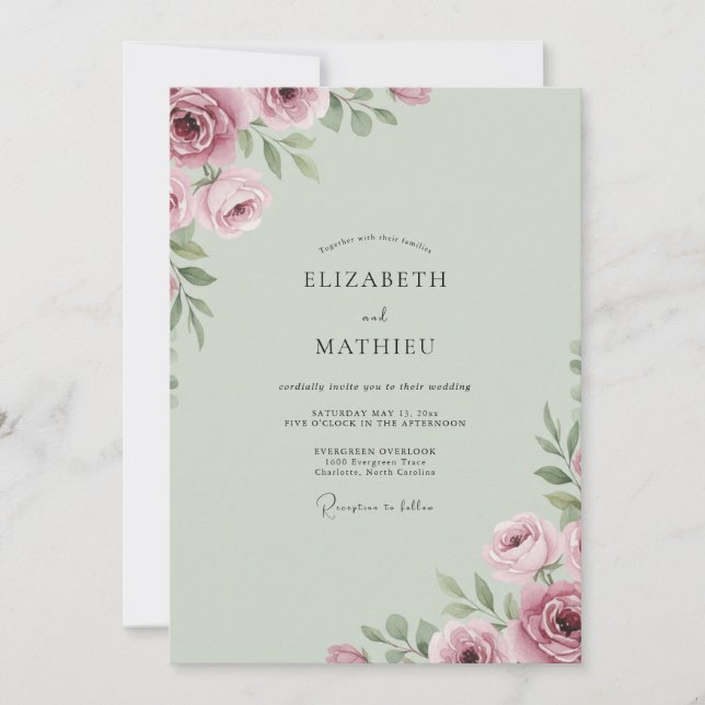 Invitación Boda de Peonía Celadón Rosa Polvorienta (Anverso)