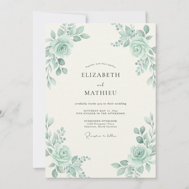 Invitación Boda de Peonía Celadón Silenciada (Anverso)