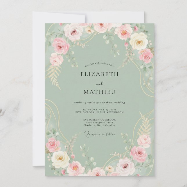 Invitación Boda de Peonía Celadón Suave (Anverso)