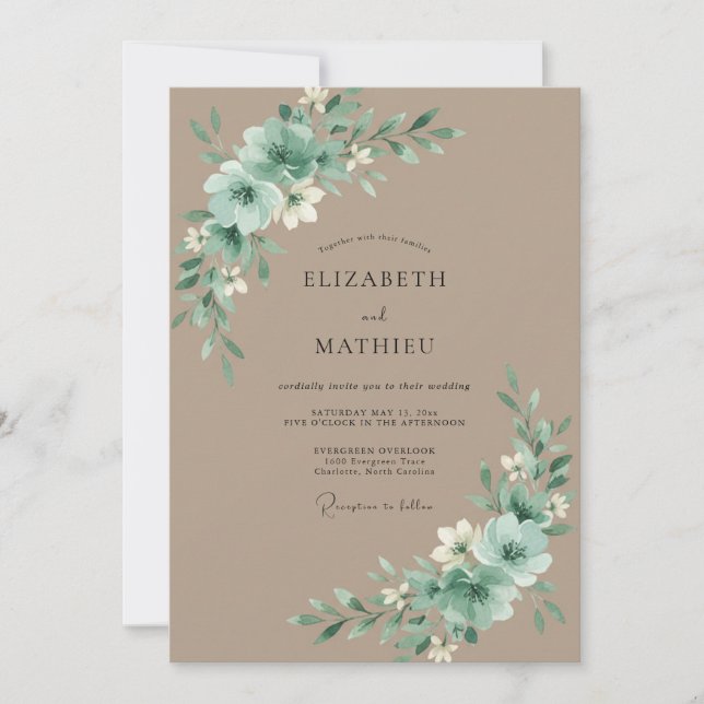 Invitación Boda de peonía celadón taupe (Anverso)