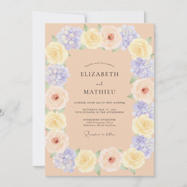 Invitación Boda de Peonía Celeste Alhelí Mantequilla (Anverso)