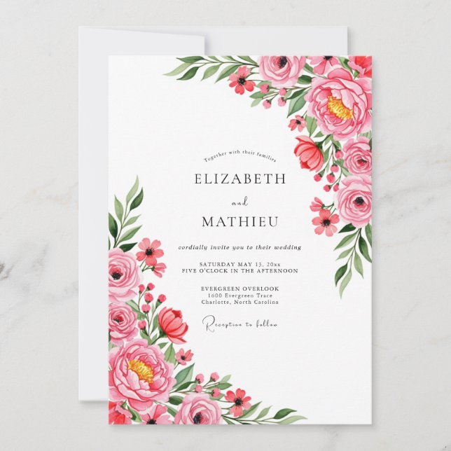Invitación Boda de Peonía Celestial Rosa Coral (Anverso)