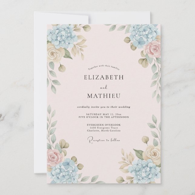 Invitación Boda de peonía centaurea con rubor (Anverso)