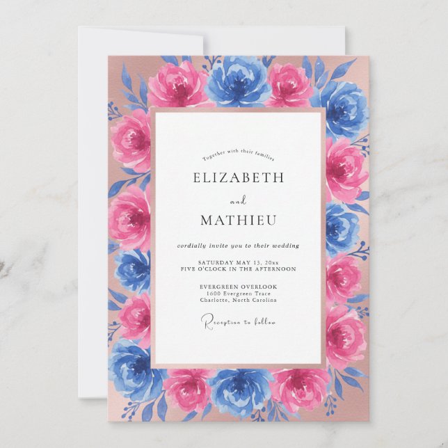 Invitación Boda de Peonía Cerúlea Fucsia (Anverso)