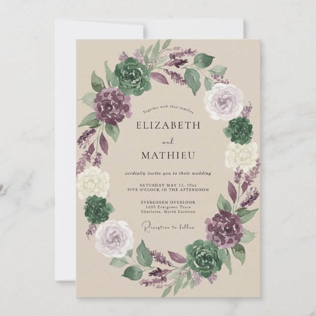 Invitación Boda de Peonía Champagne Ciruela (Anverso)