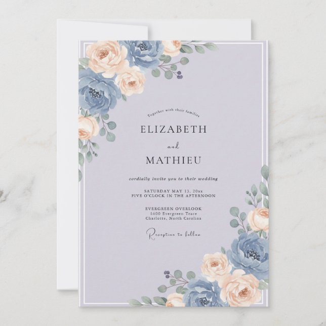 Invitación Boda de Peonía Champán Antiguo Pizarra (Anverso)