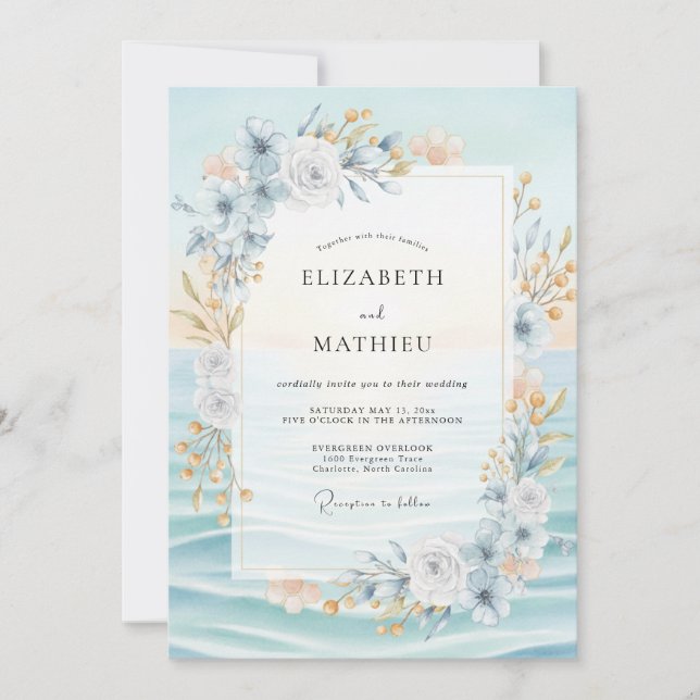 Invitación Boda de peonía champán Azure Blush (Anverso)