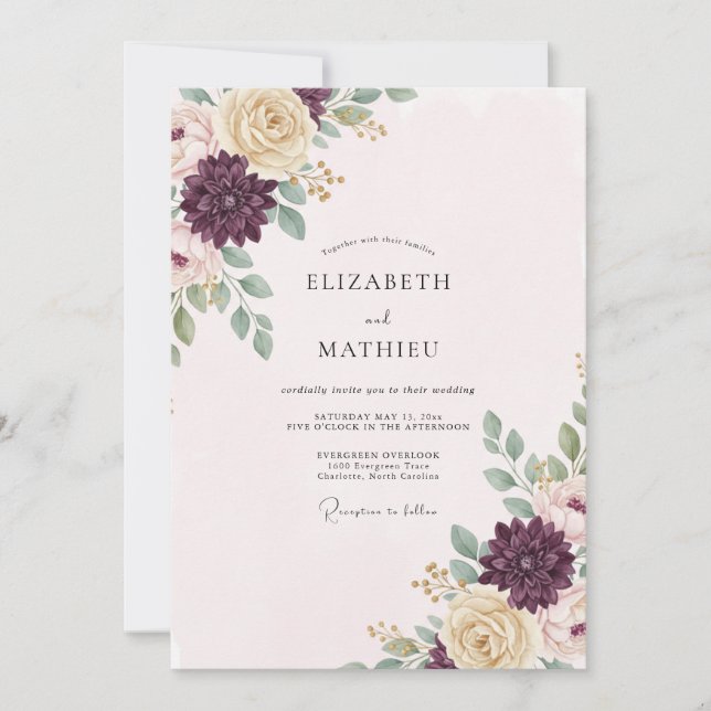 Invitación Boda de Peonía Champán Berenjena (Anverso)
